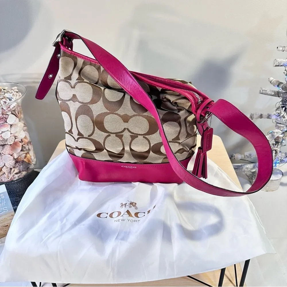 COACH Signature Tan And Pink Stripe Shoulder Bag Purse - Picture 9 of 16